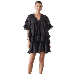 Joslin Ellie Smock Mini Dress Womens 14 Black V-Neck Linen Short Sleeve Tiered